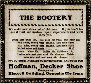 Bootery ad mentioning the Hiscock Building on page 7 in the December 16, 1906 Enterprise.